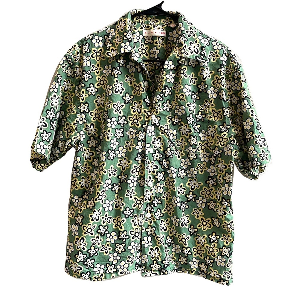Marni x Uniqlo Green Retro Floral Pattern Button Up Shirt Short Sleeve Mens XS